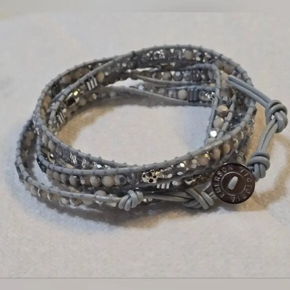 Victoria Emerson Gray Leather Multi Wrap Beaded Bracelet with Skull Charms Boho‎